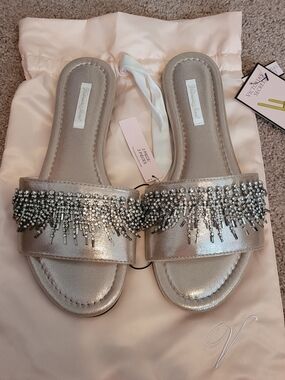 NWT Victoria's Secret Silver Beaded Fringe Slide Sandals